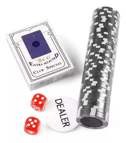 Set Fichas Poker 100pc Maletin Juego Casino + Dados + Cartas