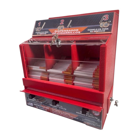 Dispensador de Cigarrillos Rojo por Monedas | 3 Compartimentos | Sistema Manual con Llave